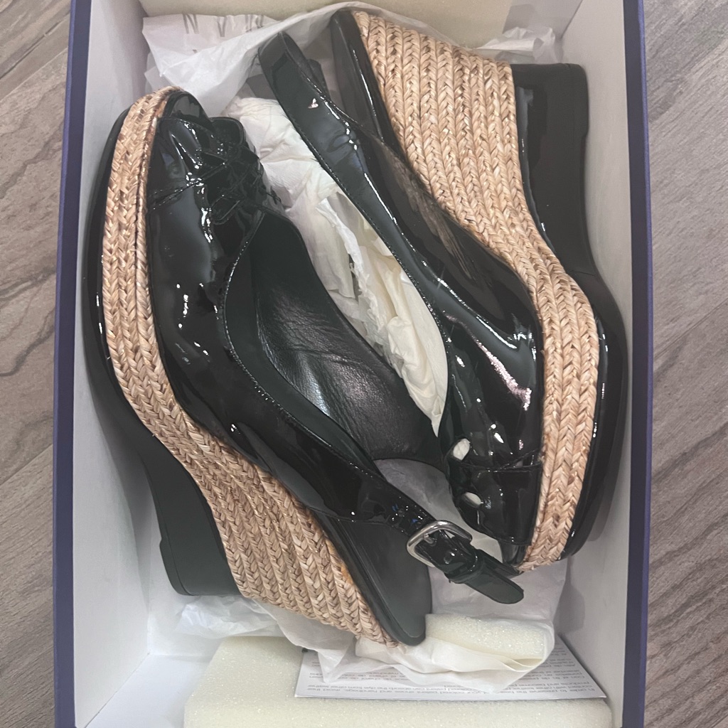 Stuart Weitzman Dolunch Black Patent Leather Wedge Espadrilles